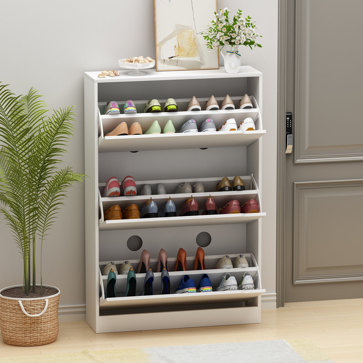 3-Tier Shoe Storage Cabinet with Flip Drawers, 16-20 Pair Free Standing Shoe Organizer 31.5''W for Entryway